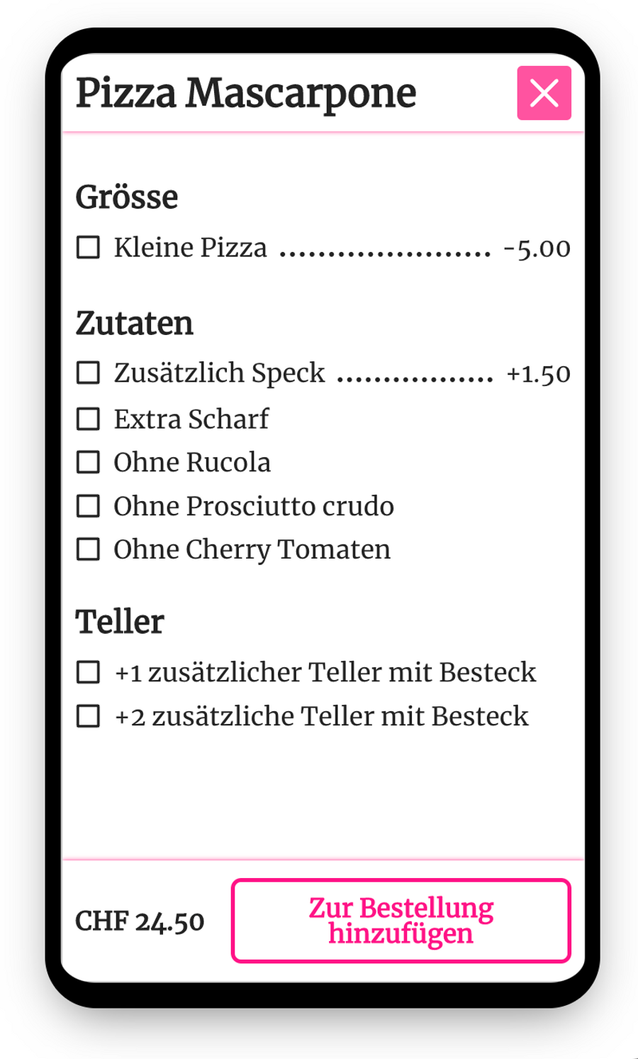 Options for a pizza. Small pizza, more ingredients, more plates